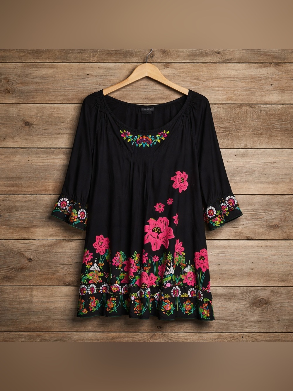 Soft Focus 32W 3/4 Sleeve Ruffle Bohemian Extra Long Polyester Tunic
